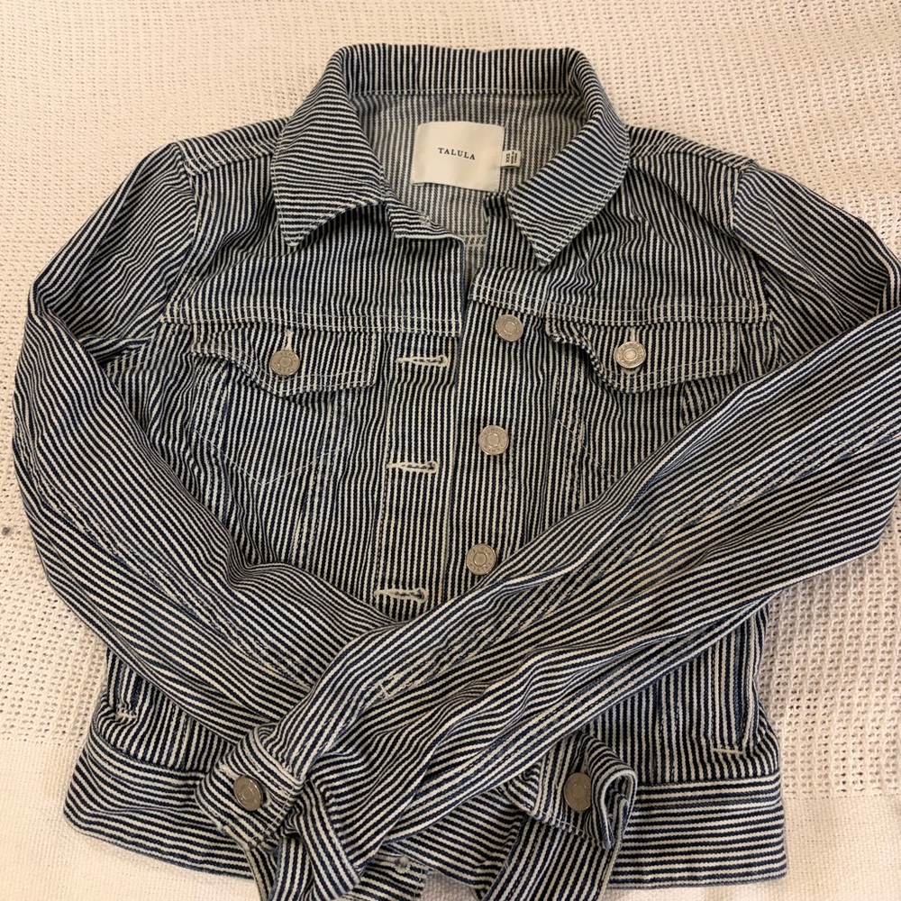Talula Navy & White Striped cropped Denim Jacket